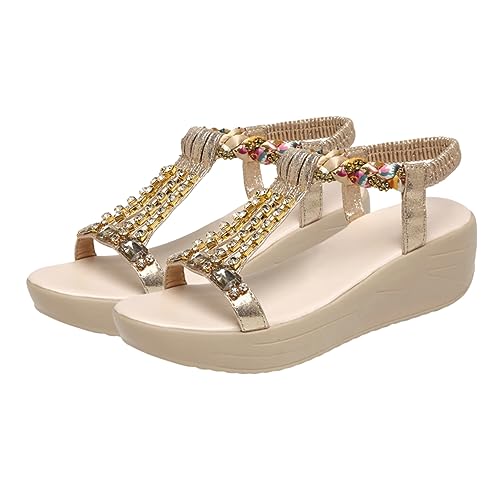 Beavorty Goldene Sandalen Damen Wedgesandalette mit Wasserfestem Gummisohle Strassbesatz Mittlerer Absatz Langlebig Modisch für Sommer Strandkleidung Einfach Auszuziehen von Beavorty