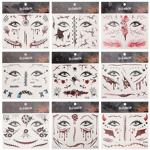 Beavorty 9 Blätter Zombie-gesichts-make-up Blutige Tätowierungen Halloween Vampirbiss-tattoo Wundaufkleber Kostüm Make-up Importiertes Wasserfilmpapier Gesichtsaufkleber Bilden von Beavorty