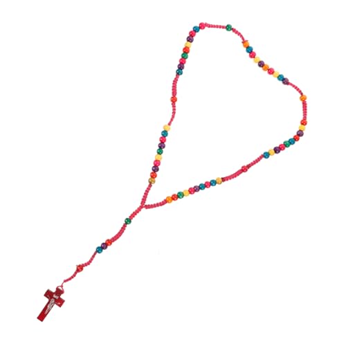 Beavorty Holzperlen Kreuz Anhänger Kette Handgefertigte Rosenkranz Halskette für Damen Herren Leichtes Stabiles Design Farbige Rosafarbene Holzperlen als und Modisches Accessoire von Beavorty