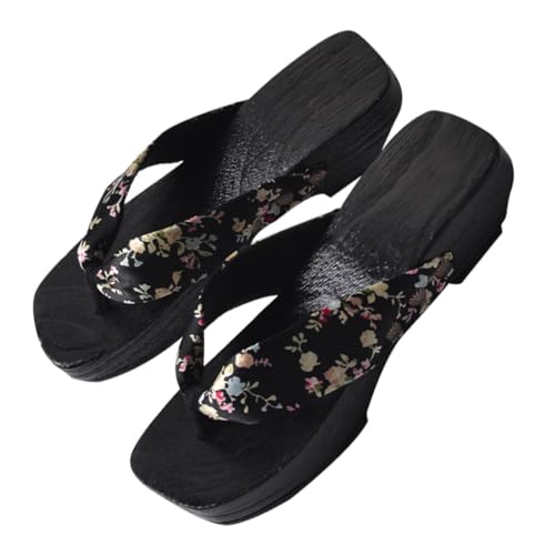Beavorty Japanische Holz Clogs Damen Slippers mit Flacher Sohle Modisches Design rutschfest Bequeme Zehentrenner für Strand Badezimmer und Alltag Stilvoll und Robust Schwarz von Beavorty