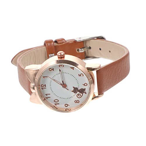 Beavorty Kätzchen Quarzuhr Mädchen Armbanduhr mit Lederarmband Leuchtende Cartoonuhr für Kinder Verstellbare Handgelenkuhr Uhr für Schüler Einfache Zifferblattausführung von Beavorty