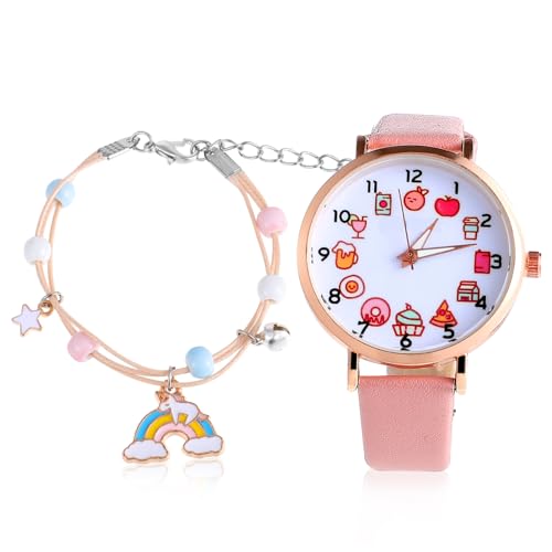 Beavorty Kinderuhr Mit Cartoon-ziffern Und Quarzuhr Mit Pu-Armband Für Mädchen Leuchtende Farben Arabische Ziffern Einfache Zeitablesung Als Geschenk von Beavorty