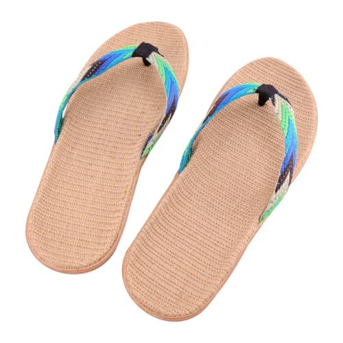 Beavorty Leinen Gewebte Flip Flops Rutschfeste Hausschuhe Flache Zehentrenner Sandalen Komfortable Freizeit Strandschuhe für Damen und Herren Blau Grün von Beavorty