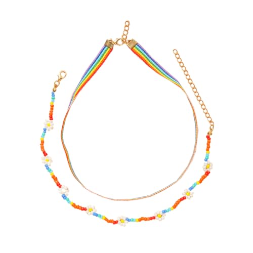 Beavorty Choker Kette Mit Regenbogen Perlen Layered Beads Choker Bunte Blumenkette Für Frauen Mädchen Strand Reise Hawaii Modeschmuck Strand Accessoire von Beavorty