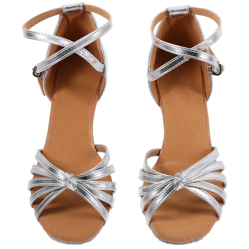 Beavorty Satin High Heels Damen Latein Tanzschuhe mit Knotenriemen Absatz Silberfarben Bequemes Ausziehen Geeignet für Lateintanz und Festliche Anlässe von Beavorty