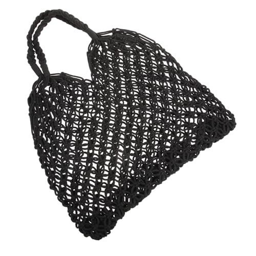 Beavorty Schwarze Handgefertigte Baumwoll Strandtasche aus Gehäkeltem Netzstoff Leichte Umweltfreundliche Sommertasche für Damen Wiederverwendbare Beach String Bag Schultertasche von Beavorty