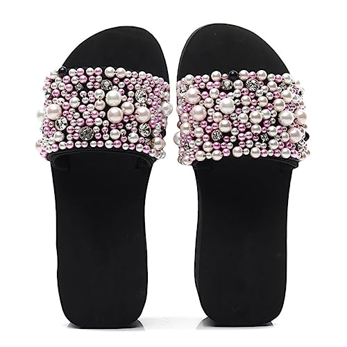 Beavorty Sommer Damen Wedge Slipper Keilabsatz Sandalen Rutschfest Strand Pantoletten mit Simulierten Perlen Elegant und für Innen und Außen von Beavorty