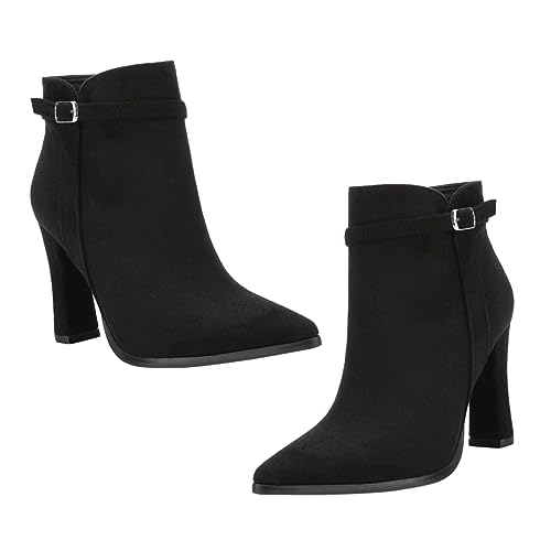 Beavorty Stylische Damen Ankle Boots Kurzschaft Stiefeletten mit Dickem Absatz Bequeme Herbst Winter Schuhe Spitz Zulaufend Blockabsatz Stiefel für Alltag und Büro Schwarz von Beavorty