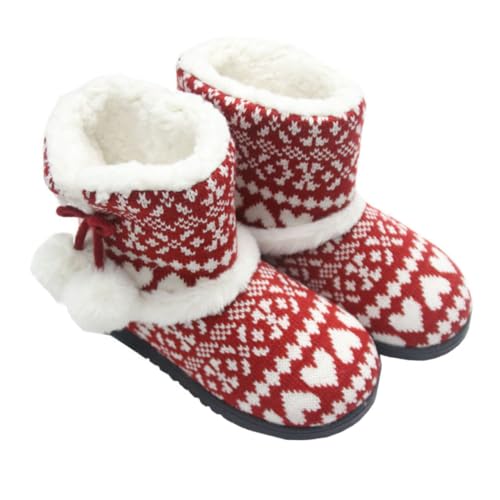 Beavorty Warme Damen Hausschuhe Winter Baumwoll Plüsch Innenbereich Rutschfeste Gummisohle Dicke Sohle Kuschelige Slipper mit Plüschbommel Rot von Beavorty