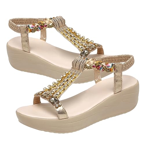 Beavorty Wedge Sandal Damen Sommer Strandschuhe mit Wassersteinriemen Bequeme Slipsole Sandalette Gold Mittelabsatz Gummisohle Leicht Kombinierbar für Urlaub Alltag von Beavorty