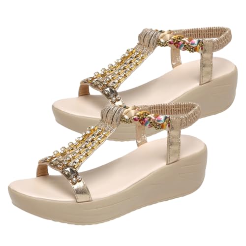 Beavorty Wedge Sandalen Damen Slipsole mit Mittlerem Absatz Strandschuhe für Sommer Goldene Sandaletten mit Funkelnden Strassriemen Rutschfeste Gummisohle für Frauen und Mädchen von Beavorty