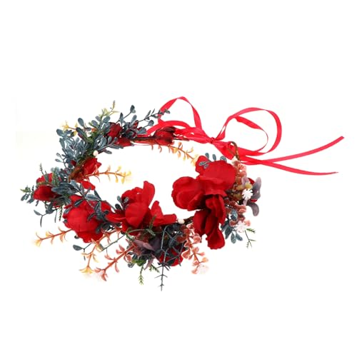 Beavorty Weihnachtskranz Tiara Weihnachtsblumenkranz Stirnband Herbstblume Haargummis haarschmuck Weihnachtshaarband Blumenkrone Hochzeit Kopfbedeckung Blütenkopf Braut rot von Beavorty