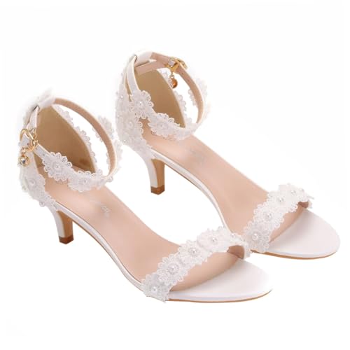 Beavorty Weiße Hochzeitsschuhe Damen Spitzen Sandaletten mit Feinem Absatz Verstellbarem Riemen Leicht und Angenehm für Festliche Anlässe Business und Partys von Beavorty
