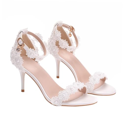 Beavorty Weiße Spitzen High Heels Damen Sommer Hochzeitsschuhe mit Spitzem Zehenbereich und Feinem Absatz Eleganter Pu materialmix Leicht und Angenehm für Festliche Anlässe von Beavorty