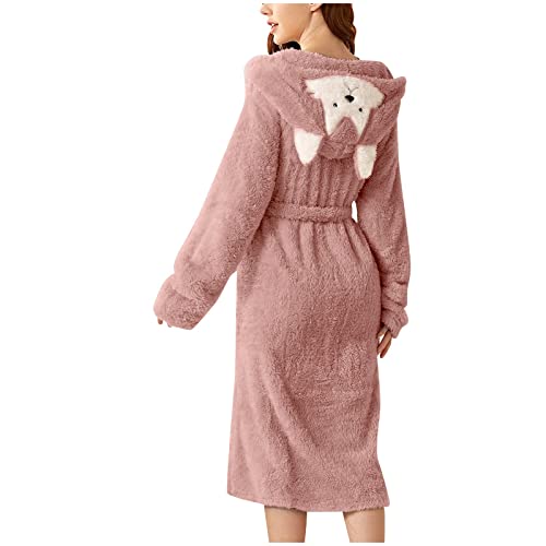 BebeXi Damen Nachthemd Mit Knöpfen 3D-Ohr, Flanell-Bademantel mit Kapuze, doppelseitiger Samt-Pyjama, weiche und warme Roben Nachthemd Damen Doppelpack (Pink, L) von BebeXi
