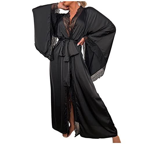 Morgenmantel Damen Satin Spitze Kimono Feather Trim Manschetten Langer Bademantel mit Krawatte Bademantel Damen Kurz Flauschig (Black, M) von BebeXi