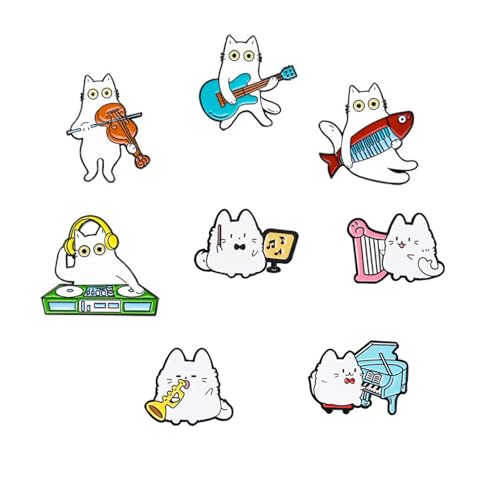 Bebochoi 8 Stück Katzen-Emaille-Anstecknadeln, Niedliche Tier-Emaille-Brosche, Katzen spielen Musik Abzeichen, für Frauen Männer Kinder Geschenk Jacken Rucksäcke Hut DIY Handwerk von Bebochoi