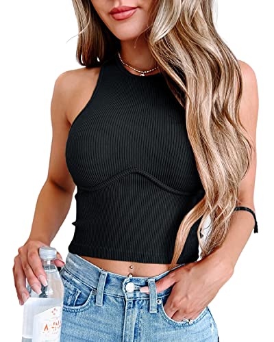 BebreezChic Classics Damen Oberteil Ladies Racerback Cropped Tank Top Slim Fit Sommer Ärmellose Oberteile Solid Round Neck Ribbed von BebreezChic