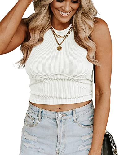 BebreezChic Classics Damen Oberteil Ladies Racerback Cropped Tank Top Slim Fit Sommer Ärmellose Oberteile Solid Round Neck Ribbed von BebreezChic