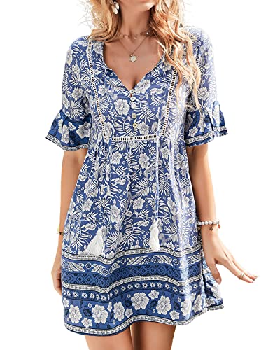 BebreezChic Damen Boho Sommerkleider Kurzarm V-Ausschnitt Hohe Taille Vintage Luftigem Minikleider, Blau, L von BebreezChic