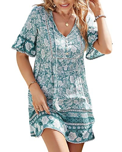 BebreezChic Damen Boho Sommerkleider Kurzarm V-Ausschnitt Hohe Taille Vintage Luftigem Minikleider, Hellgrün, M von BebreezChic