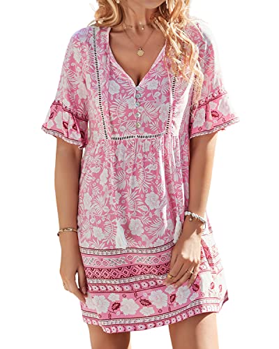 BebreezChic Damen Boho Sommerkleider Kurzarm V-Ausschnitt Hohe Taille Vintage Luftigem Minikleider, Rosa, M von BebreezChic