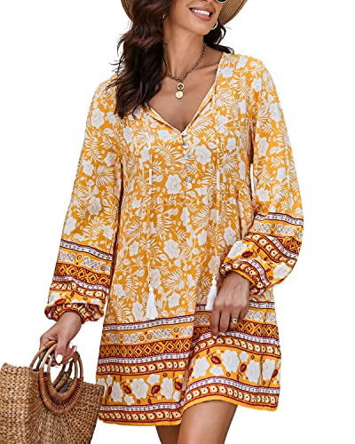 BebreezChic Damen Kleid Kurz Boho Langarm V-Ausschnitt Hohe Taille Vintage Luftig Casual Minikleider Strandkleid Gelb M von BebreezChic