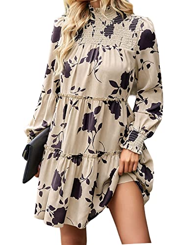 BebreezChic Damen Kleider Blumen Rollkragen Langarm Herbstkleid Lose Empire Waist Plissee A-Linie Minikleider Elegant Partykleid Strandkleid Cocktailkleid Beige L von BebreezChic