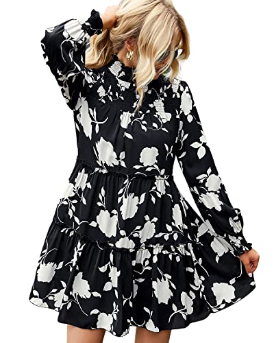 BebreezChic Damen Kleider Blumen Rollkragen Langarm Herbstkleid Lose Empire Waist Plissee A-Linie Minikleider Elegant Partykleid Strandkleid Cocktailkleid Schwarz L von BebreezChic