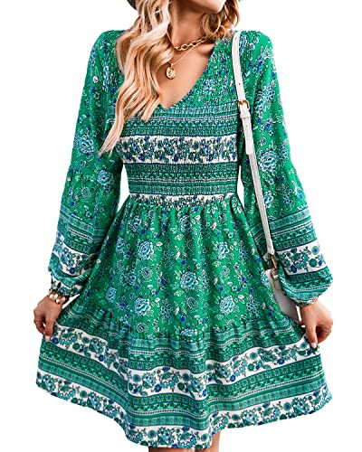 BebreezChic Damen Kleider Boho Minikleider Langarm V-Ausschnitt Tunika Vintage Hohe Taille Plissee Partykleid Strandkleider Grün L von BebreezChic