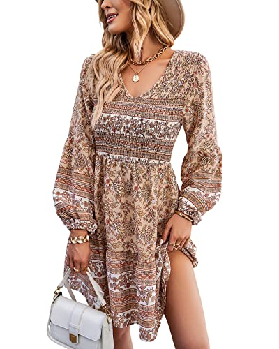 BebreezChic Damen Kleider Boho Minikleider Langarm V-Ausschnitt Tunika Vintage Hohe Taille Plissee Partykleid Strandkleider Khaki L von BebreezChic