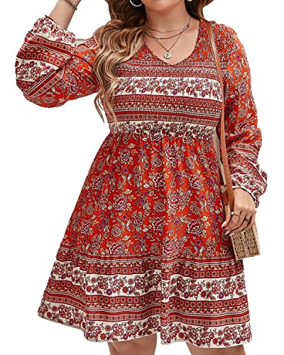 BebreezChic Damen Kleider Boho Minikleider Langarm V-Ausschnitt Tunika Vintage Hohe Taille Plissee Partykleid Strandkleider Rot M von BebreezChic