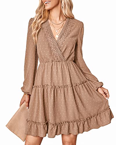 BebreezChic Damen Kleider Langarm V-Ausschnitt Midikleider Jacquard Luftig Dot Tunika Volant Herbstkleid Strandkleider, Khaki M von BebreezChic