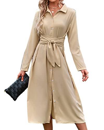 BebreezChic Damen Lange Kleider Langarm V-Ausschnitt Knöpfen Schnür Blusenkleider Partykleider Cocktailkleid mit Gürtel, Beige L von BebreezChic