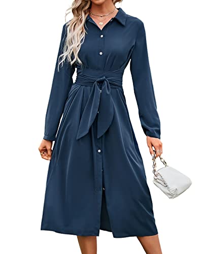 BebreezChic Damen Lange Kleider Langarm V-Ausschnitt Knöpfen Schnür Blusenkleider Partykleider Cocktailkleid mit Gürtel, Blau L von BebreezChic