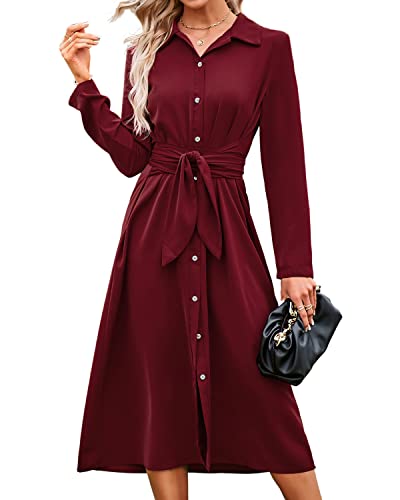 BebreezChic Damen Lange Kleider Langarm V-Ausschnitt Knöpfen Schnür Blusenkleider Partykleider Cocktailkleid mit Gürtel, Burgundy L von BebreezChic