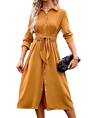 BebreezChic Damen Lange Kleider Langarm V-Ausschnitt Knöpfen Schnür Blusenkleider Partykleider Cocktailkleid mit Gürtel, Gelb L von BebreezChic