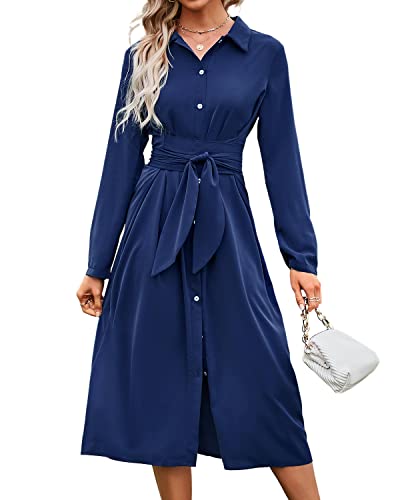 BebreezChic Damen Lange Kleider Langarm V-Ausschnitt Knöpfen Schnür Blusenkleider Partykleider Cocktailkleid mit Gürtel, Marineblau L von BebreezChic