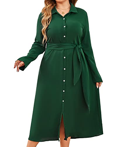 BebreezChic Damen Lange Kleider Langarm V-Ausschnitt Knöpfen Schnür Blusenkleider Partykleider Cocktailkleid mit Gürtel Grün L von BebreezChic