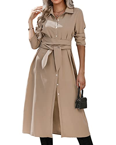 BebreezChic Damen Lange Kleider Langarm V-Ausschnitt Knöpfen Schnür Blusenkleider Partykleider Cocktailkleid mit Gürtel Khaki M von BebreezChic