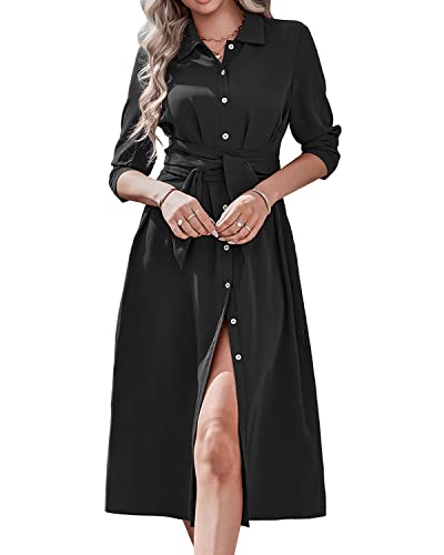 BebreezChic Damen Lange Kleider Langarm V-Ausschnitt Knöpfen Schnür Blusenkleider Partykleider Cocktailkleid mit Gürtel Schwarz L von BebreezChic