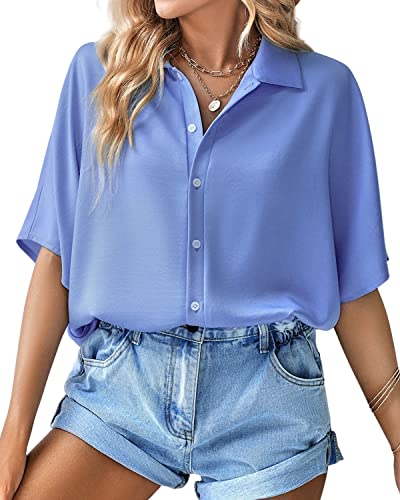 BebreezChic Bluse Damen Sommer Elegant V-Ausschnitt Kurzarm Hemdbluse mit Knöpfen Locker Einfarbig Tops, Blau M von BebreezChic