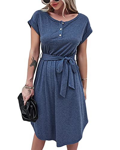 BebreezChic Damen Sommerkleid Knielang Kurzarm Hohe Taille Freizeitkleid mit Gürtel, Blau, M von BebreezChic