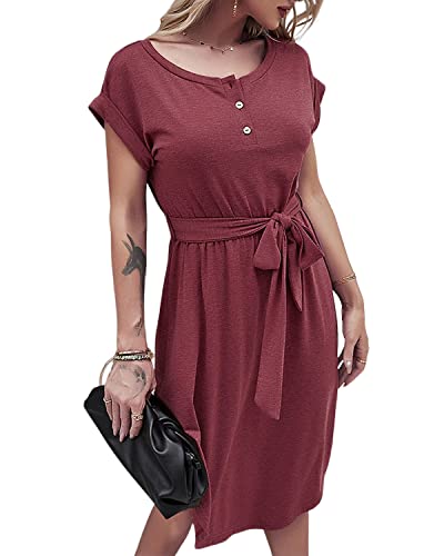 BebreezChic Damen Sommerkleid Knielang Kurzarm Hohe Taille Freizeitkleid mit Gürtel, Burgundy, M von BebreezChic