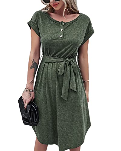 BebreezChic Damen Sommerkleid Knielang Kurzarm Hohe Taille Freizeitkleid mit Gürtel, Grün, L von BebreezChic