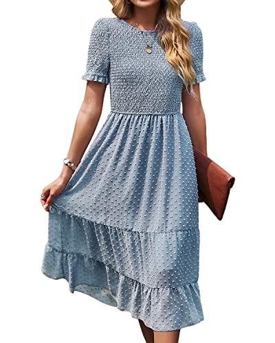 BebreezChic Damen Sommerkleid Maxikleider Kurzarm Rundhals Swiss Dot Rüschen Falten Einfarbig Casual Elegant Cocktailkleid, Blau L von BebreezChic