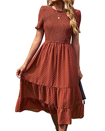 BebreezChic Damen Sommerkleid Maxikleider Kurzarm Rundhals Swiss Dot Rüschen Falten Einfarbig Casual Elegant Cocktailkleid, Orange-Rot L von BebreezChic