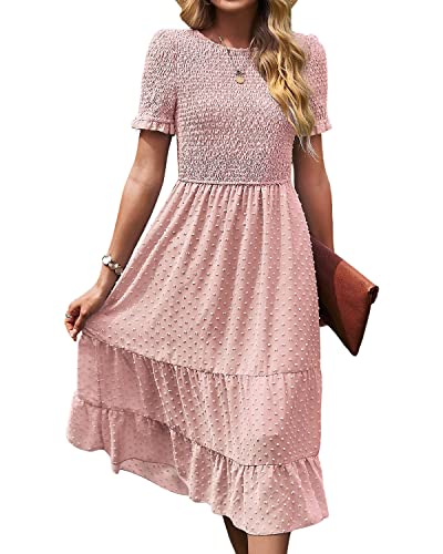 BebreezChic Damen Sommerkleid Maxikleider Kurzarm Rundhals Swiss Dot Rüschen Falten Einfarbig Casual Elegant Cocktailkleid, Rosa M von BebreezChic