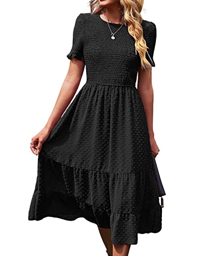 BebreezChic Damen Sommerkleid Maxikleider Kurzarm Rundhals Swiss Dot Rüschen Falten Einfarbig Casual Elegant Cocktailkleid, Schwarz M von BebreezChic