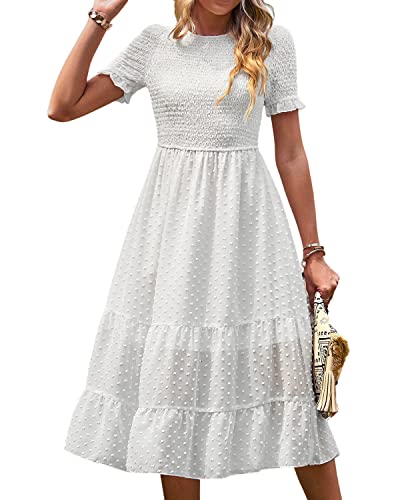 BebreezChic Damen Sommerkleid Maxikleider Kurzarm Rundhals Swiss Dot Rüschen Falten Einfarbig Casual Elegant Cocktailkleid, Weiß M von BebreezChic